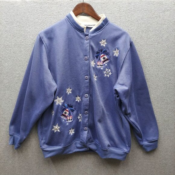 BonWorth Womens Blue Embroidered Snowflake & Bell Button-Up Fleece Jacket Size L - Picture 1 of 3